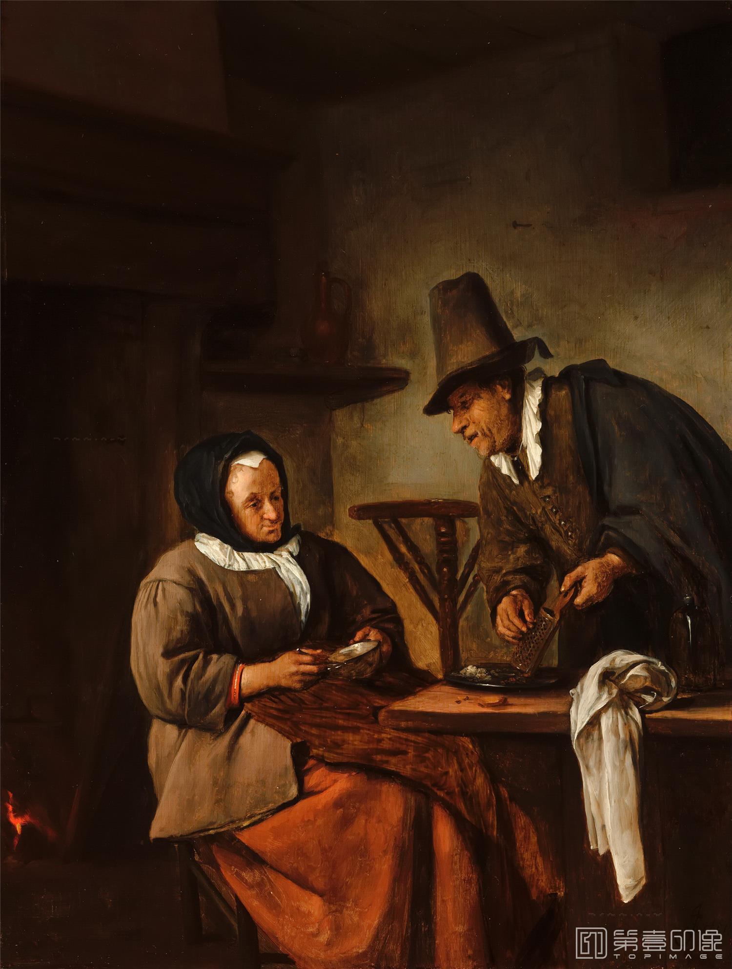 油画-荷兰莫瑞斯泰皇家美术馆Jan Steen - An Old Couple Making Caudle-347